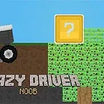 Pikselihahmo ajaa autoa mäkeä ylös, taustalla näkyy kelta-valkoinen kysymysmerkki laatikko ja teksti Crazy Driver Noob