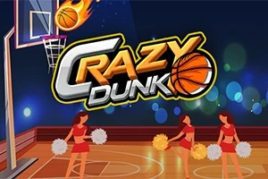 Koripallokenttä, kaksi cheerleaderia tanssimassa ja koripallo tulessa korirenkaalle, taustalla teksti Crazy Dunk