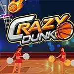 Koripallokenttä, kaksi cheerleaderia tanssimassa ja koripallo tulessa korirenkaalle, taustalla teksti Crazy Dunk