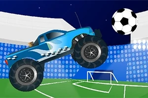 Sininen monsteriauto hyppää ilmassa kohti suurta jalkapalloa stadionilla