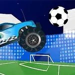 Sininen monsteriauto hyppää ilmassa kohti suurta jalkapalloa stadionilla