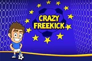 Sarjakuvamainen hahmo sinisellä pelipaidalla seisoo jalkapallon vieressä, taustalla tähtikuvio ja teksti Crazy Freekick