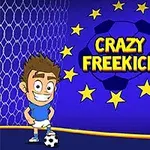 Sarjakuvamainen hahmo sinisellä pelipaidalla seisoo jalkapallon vieressä, taustalla tähtikuvio ja teksti Crazy Freekick