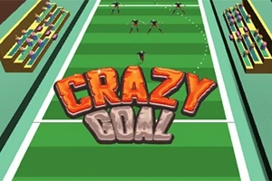 Vihreä jalkapallokenttä, keskellä on isot oranssin ja harmaan sävyiset Crazy Goal -tekstit, taustalla seisoo useita hahmoja