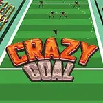 Vihreä jalkapallokenttä, keskellä on isot oranssin ja harmaan sävyiset Crazy Goal -tekstit, taustalla seisoo useita hahmoja