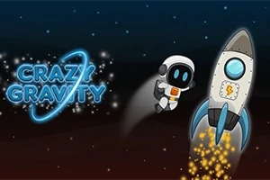Astronautti ja raketti lentävät avaruudessa taustanaan tähtitaivas, ja vasemmalla puolella on sininen teksti Crazy Gravity
