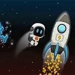 Astronautti ja raketti lentävät avaruudessa taustanaan tähtitaivas, ja vasemmalla puolella on sininen teksti Crazy Gravity