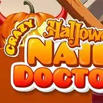 Oranssit ja valkoiset Crazy Halloween Nail Doctor -tekstit taustalla, jossa on kurpitsa ja talon ikkuna