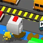 Kuutiomainen kana ylittää tietä, jolla on keltaisia ja mustia viivoja sekä autoja; oikeassa alakulmassa lukee Crazy Hen