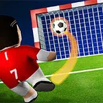 Animoitu hahmo punaisessa jalkapallopaidassa ja numerolla 7 potkaisee jalkapalloa kohti maalia