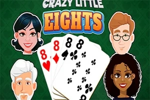 Neljä piirroshahmojen kasvoa pelikorttien ja tekstin Crazy Little Eights ympärillä vihreällä taustalla