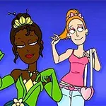 Kaksi piirrettyä hahmoa tanssimassa iloisen näköisenä, toinen vihreässä prinsessamekossa ja toinen vaaleanpunaisessa topissa