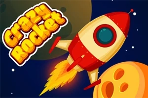 Punainen raketti lentää avaruudessa maan ja oranssin planeetan välissä, taustalla tähtiä ja teksti Crazy Rocket