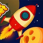 Punainen raketti lentää avaruudessa maan ja oranssin planeetan välissä, taustalla tähtiä ja teksti Crazy Rocket