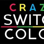 Värikkäillä kirjaimilla kirjoitettu teksti CRAZY SWITCH COLOR mustalla taustalla