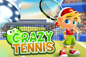 Piirroshahmo tennismailalla seisoo kentällä, värikäs Crazy Tennis -teksti ja taustalla katsomo sekä tenniskenttä