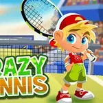 Piirroshahmo tennismailalla seisoo kentällä, värikäs Crazy Tennis -teksti ja taustalla katsomo sekä tenniskenttä