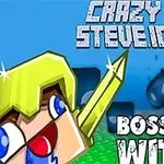 Piirrosmainos, jossa on hahmo kultaisella kypärällä ja miekalla, sininen tausta sekä tekstit Crazy Steve 