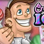 Piirroshahmo pitää jäätelöä kädessään värikkään tekstin edessä