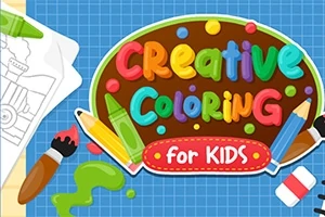 Värikkäästi piirretty otsikko Creative Coloring for Kids ympäröitynä värikynillä, siveltimellä ja musteella, taustalla sinistä ruudukkoa ja piirustus paperista