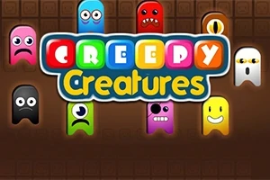 Värikkäitä, ilmeikkäitä hirviöhahmoja ympäröimässä tekstiä Creepy Creatures, ruskealla taustalla