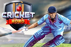 Pelaaja lyömässä krikettikentällä sinisessä peliasussa, taustalla teksti CRICKET 2020