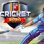 Pelaaja lyömässä krikettikentällä sinisessä peliasussa, taustalla teksti CRICKET 2020