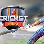 Kriketinpelaaja sinisessä asussa lyömässä mailalla, taustalla stadion, tekstinä Cricket 2024