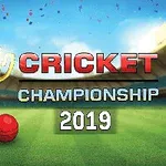 Kuva esittää kultaisen pokaalin ja punaisen krikettipallon vihreällä kentällä, taustalla stadion, tekstillä Cricket Championship 2019