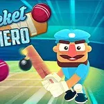 Sarjakuvatyylinen hahmo pelaa krikettiä kirkkaan taustan edessä, otsikolla Cricket Hero