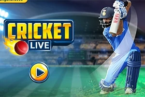 Mies sinisessä cricket-asussa valmiina lyömään, taustalla kirkkaat stadionin valot ja teksti Cricket Live