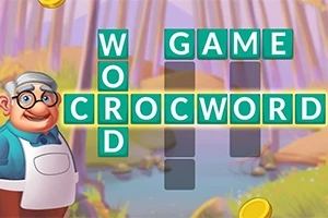 Värikäs ristikko, jossa on sanoja WORD, GAME ja CROCWORD, taustalla metsänäkymä ja vanhempi mies hahmo vasemmalla