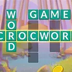 Värikäs ristikko, jossa on sanoja WORD, GAME ja CROCWORD, taustalla metsänäkymä ja vanhempi mies hahmo vasemmalla