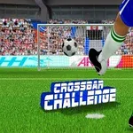 Jalkapalloilija potkaisee palloa kohti maalia stadionilla, jossa näkyy teksti Crossbar Challenge
