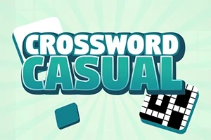 Tekstissä lukee Crossword Casual turkoosilla taustalla, ja mukana on palikkagrafiikkaa sekä ristikkokuvio