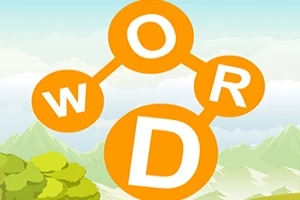 Oranssit kirjaimet W, O, R, D muodostavat verkon taustalla sininen taivas ja vihreitä vuoria