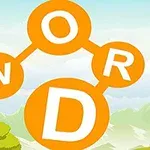 Oranssit kirjaimet W, O, R, D muodostavat verkon taustalla sininen taivas ja vihreitä vuoria