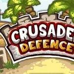 Sarjakuvatyylinen kuva, jossa lukee Crusader Defence keskellä linnoituksen muureja palmuja ja polkua vasten
