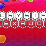 Punainen tausta, jossa on valkoisissa kuusikulmioissa teksti Crystal Hexajong ja värikkäitä kristallimaisia kuusikulmioita yläosassa
