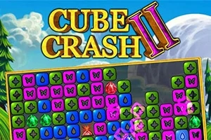 Värikkäitä ruutuja ja jalokiviä sisältävä peliruutu, jossa lukee Cube Crash II