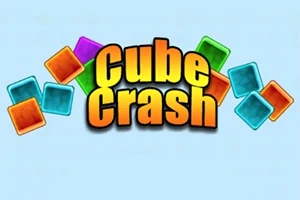 Kuution muotoisia, värikkäitä palikoita vaaleansinisellä taustalla, ja keskellä teksti Cube Crash