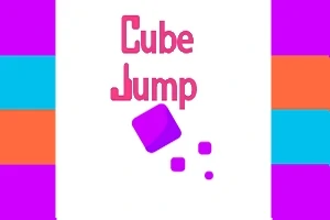 Valkoisella taustalla keskeisesti näkyvä vaaleanpunainen teksti, jossa lukee Cube Jump, ja sen alapuolella kolme purppuraa kuutiota, värikkäät sinisen, oranssin ja violetin sävyiset reunukset