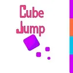 Valkoisella taustalla keskeisesti näkyvä vaaleanpunainen teksti, jossa lukee Cube Jump, ja sen alapuolella kolme purppuraa kuutiota, värikkäät sinisen, oranssin ja violetin sävyiset reunukset