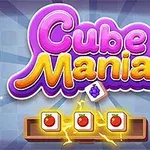 Violetti ja keltainen Cube Mania -teksti, jonka alla on kolme tomaatin kuvaa puisella alustalla ja pieni purppura pala
