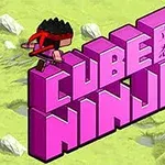 Isoat, pinkit kuutiotekstit CUBE NINJA, joiden päällä seisoo mustahiuksinen ninja vihreällä taustalla