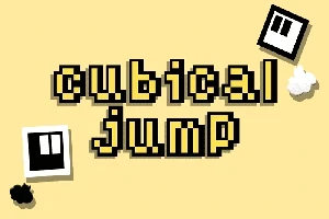 Kuvassa on keltaisella taustalla pikselityylinen teksti cubical jump ja mustavalkoisia kuutioita