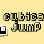 Kuvassa on keltaisella taustalla pikselityylinen teksti cubical jump ja mustavalkoisia kuutioita