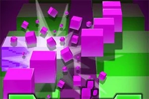 Violetteja ja vihreitä kuutioita liikkeessä 3D-ympäristössä, kuutioiden hajotessa visuaalisesti