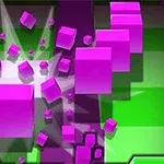 Violetteja ja vihreitä kuutioita liikkeessä 3D-ympäristössä, kuutioiden hajotessa visuaalisesti