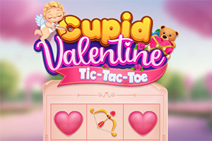 Vaaleanpunasävyinen kuva, jossa on teksti Cupid Valentine Tic-Tac-Toe, kupido, nallekarhu ja sydämiä sisältävä ristikko